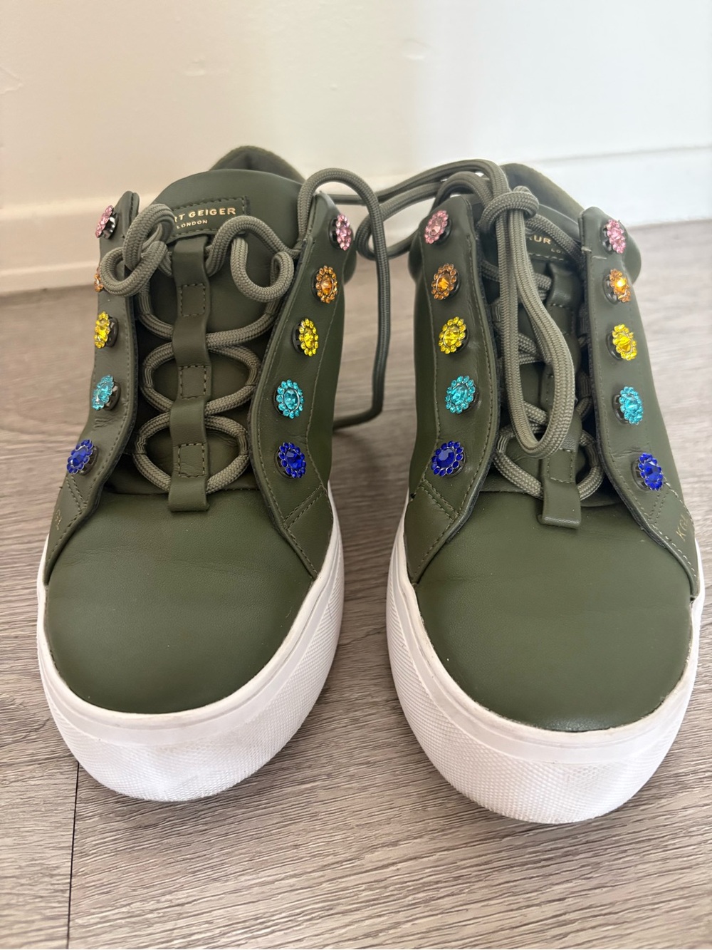 Kurt Geiger London Liviah Love Platform Sneaker Olive Green Leather Rhinestones